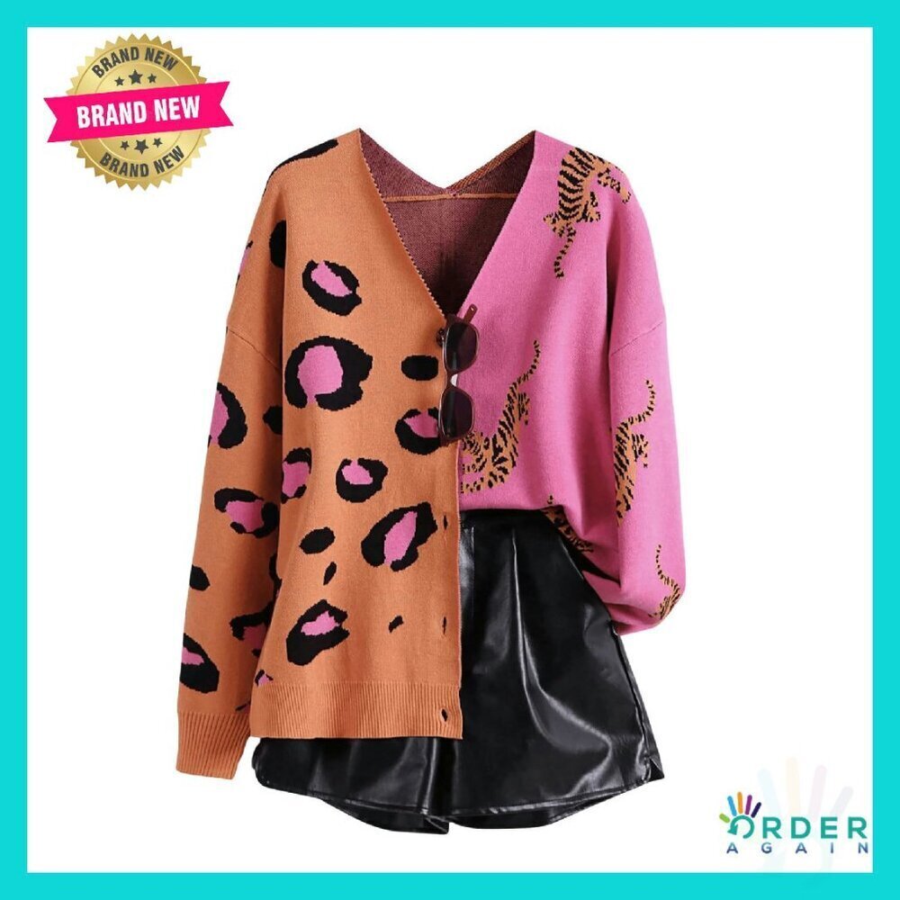 Leopard Print Cardigan Chunky Knit V-Neck Oversized Y2K Chic Button Down